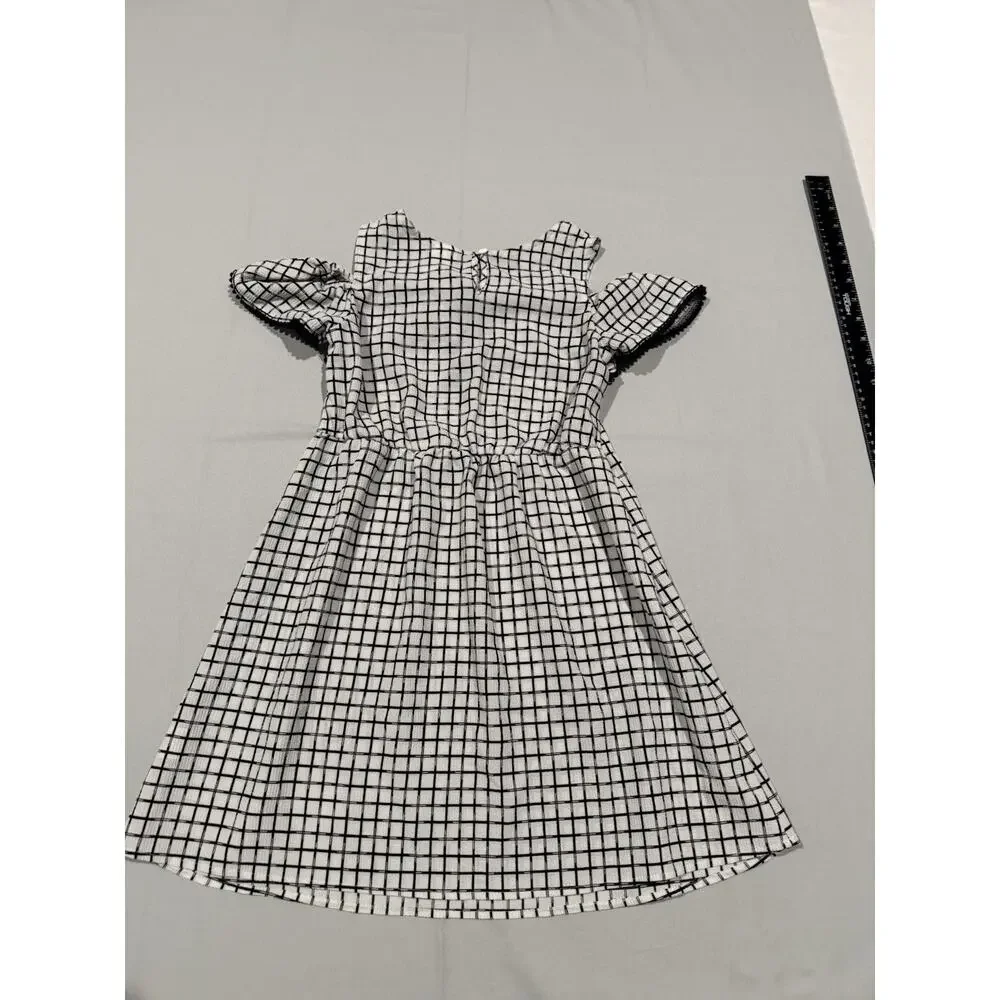 Wonder Nation Girls M (7-8) Black White Check A-Line Cold Shoulder Ruffle Dress